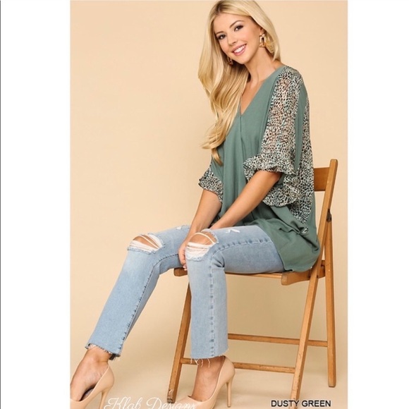 Sage Green Leopard Detail Surplice Front Twist Top - Picture 2 of 6